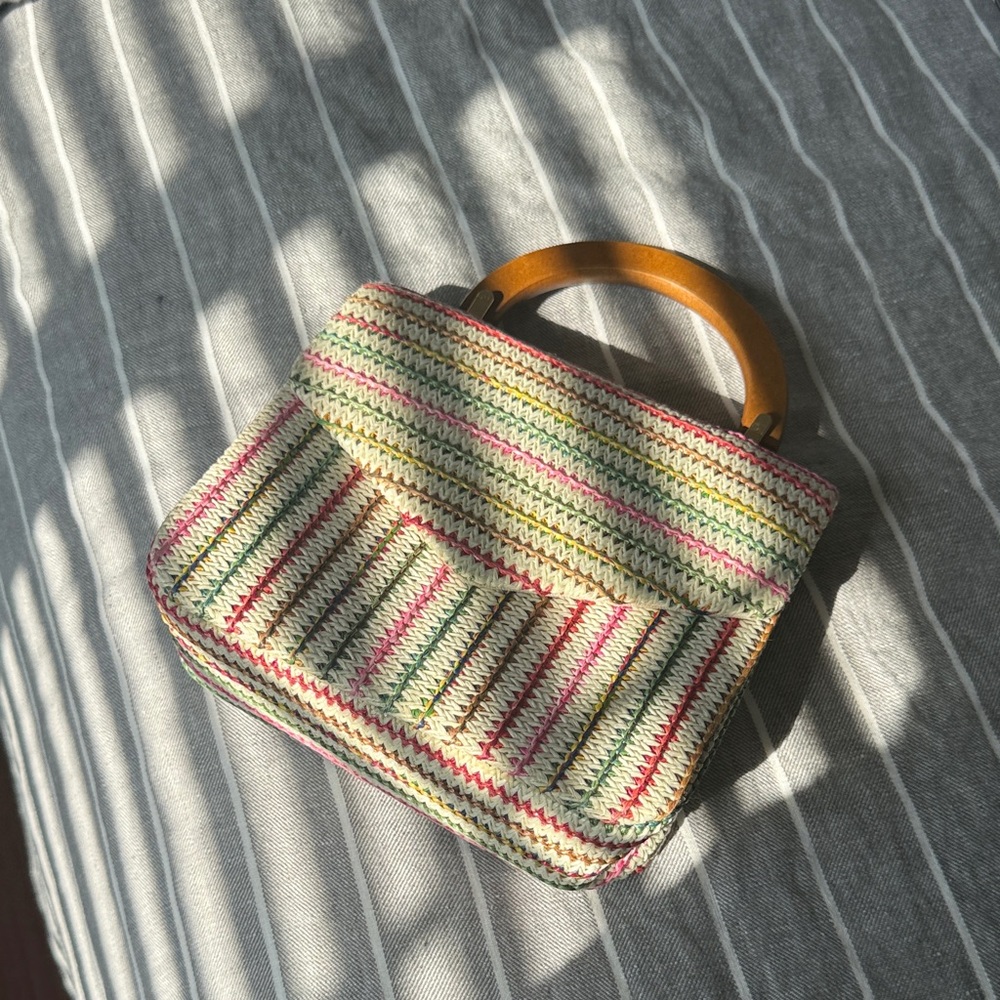 Striped Multicolor Handbag with Wooden Handles